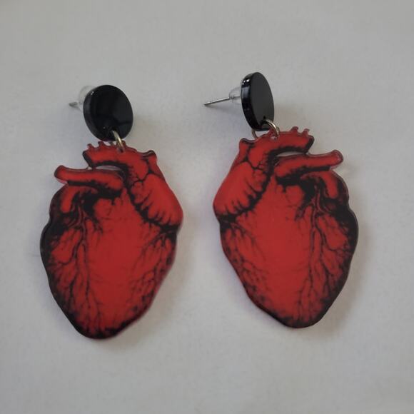 Red anatomical heart acrylic two sided drop earrings - Picture 2 of 3